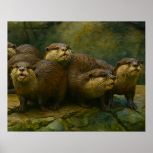 Poster Compagnie curieuse - Famille Otter sur les rochers