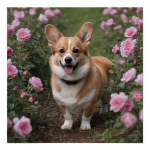 Poster "Compagnie de charme : Un Corgi dans un jardin ros