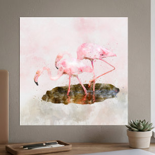 Poster Compagnie de Flamants Roses dans l'Art à l'Aquarel