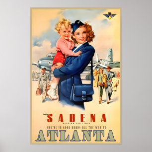Poster Compagnies aériennes Sabena Atlanta Géorgie Audrey
