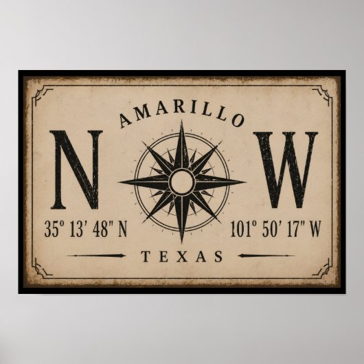 Poster Compas Coordonnées Vintage Amarillo Texas (Devant)