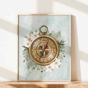 Poster Compas Floral Fleurs Aquarelle et Feuilles Vertes