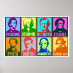 Poster Compositeurs Pop Art Music | Bright Mod<br><div class="desc">Des couleurs vives ajoutent un esprit pop art moderne à ces portraits graphiques stylisés de compositeurs célèbres. Chaque portrait est conçu avec deux couleurs intenses différentes et a le prénom des artistes placé ci-dessous dans une police audacieuse et propre. Huit compositeurs sont présentés : Chopin, Bach, Wagner, Schubert, Tchaikovsky, Shostakovich,...</div>