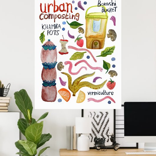 Poster Compostage aquarelle Art éco-recyclé (Bureau à domicile)