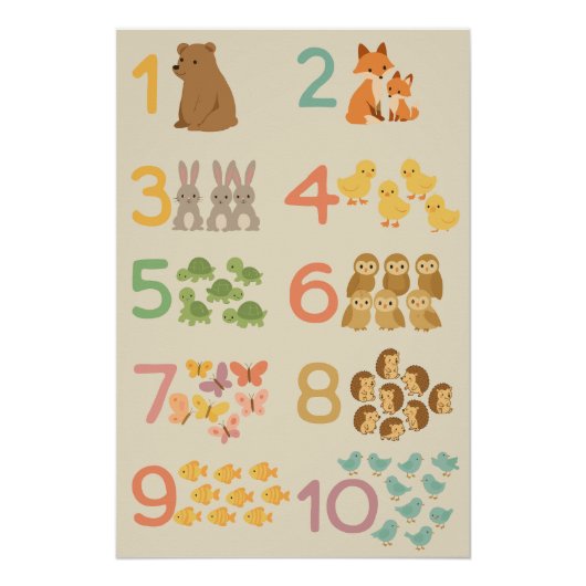 Poster Compter avec les animaux - Mignons numéros de scol (Devant)