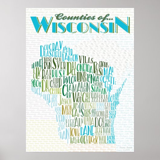 Poster Comtés de la carte typographique du Wisconsin (Devant)