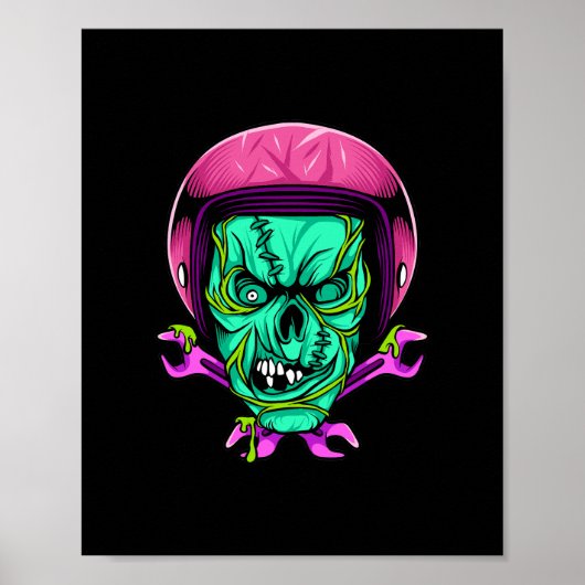 Poster Conception de casque de motard squelette zombie né (Devant)