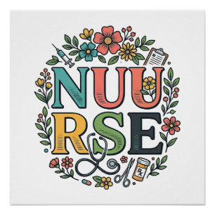 Poster Conception de chemise d'infirmière florale Art méd