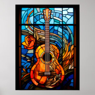 Poster Conception de fenêtre en verre coloré à guitare ac