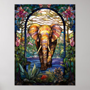Poster Conception de fenêtre en verre coloré éléphant