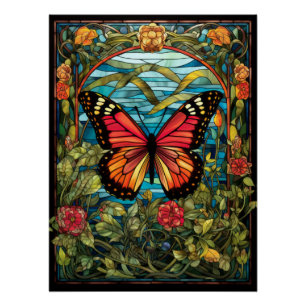 Poster Conception de fenêtre en verre teinté de papillon