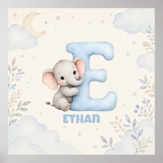Poster Conception de lettre E d'éléphant de bébé personna (Devant)