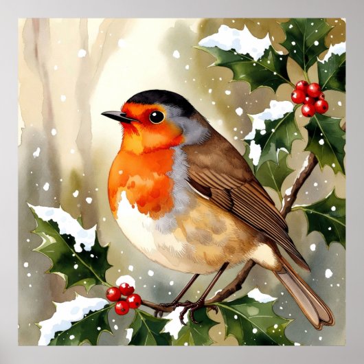 Poster Conception de Noël de rouge-gorge à l'aquarelle (Devant)