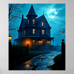 Poster Conception de nuit au clair de lune bleu du manoir