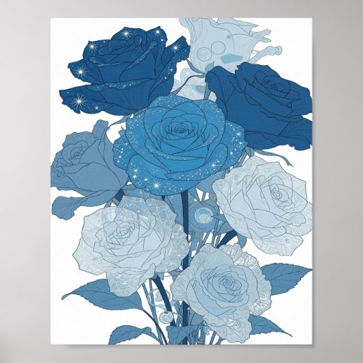 Poster Conception de ROSES BLEUES argentées audacieuses (Devant)