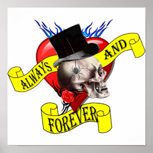 Poster Conception de tatouage de crâne et de coeur de