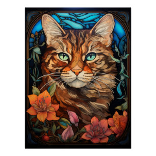 Poster Conception de vitrail de chat tabby à poils longs