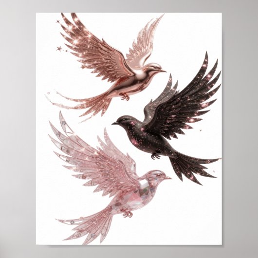Poster Conception élégante argentée TROIS OISEAUX BÉNIS (Devant)