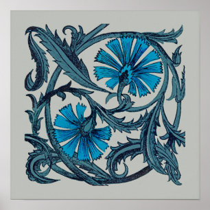Poster conception graphique d'art de fleur antique bleu v