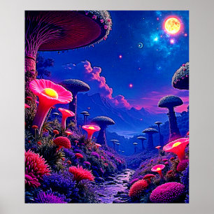 Poster Conception nocturne de la forêt de champignons enc