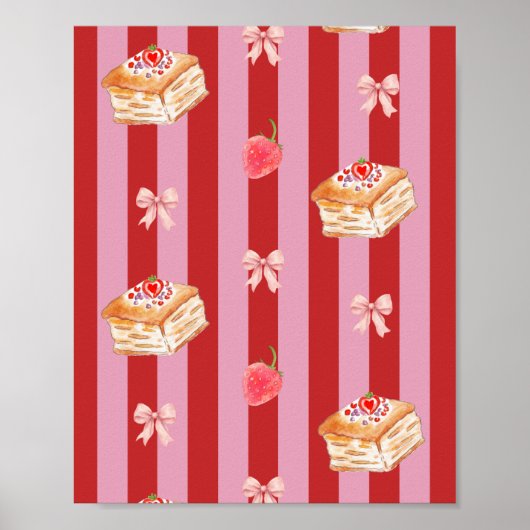 Poster Conception rayée rose et rouge avec motif de gâtea (Devant)
