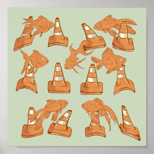Poster Cônes de la route et poisson rouge orange (Devant)