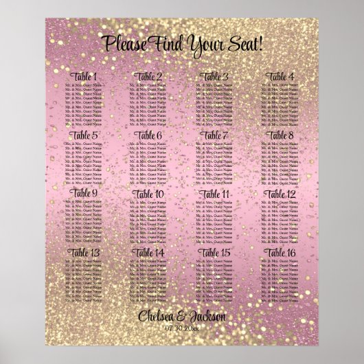 Poster Confetti rose et or - 16 Seating Chart (Devant)