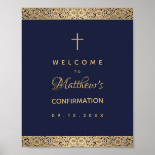 Poster Confirmation Garçon Marine Blue Gold Roses Bienven