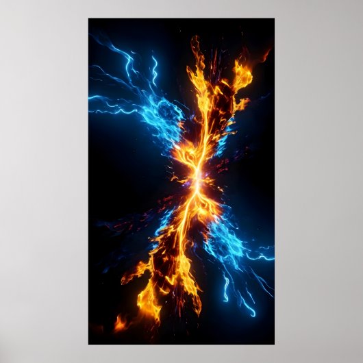 Poster Conflit d'énergie du feu d'or bleu abstrait (Devant)
