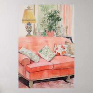 Poster Confort Rose – Canapé Rose Aquarelle Salon