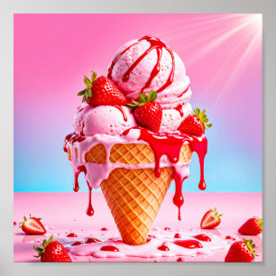 Poster Conne de crème glacée de fraise fondue