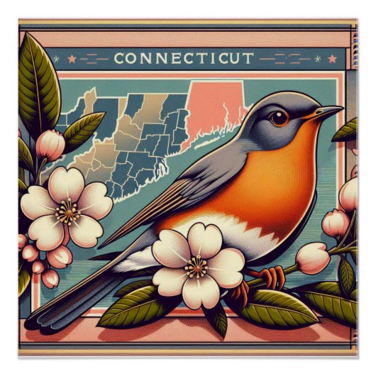 Poster Connecticut American Robin et State Flower Design (Devant)