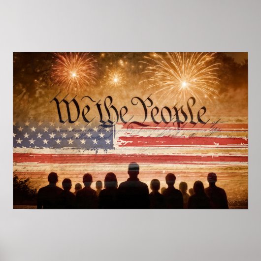 Poster Constitution des États-Unis avec drapeau et feux d (Devant)