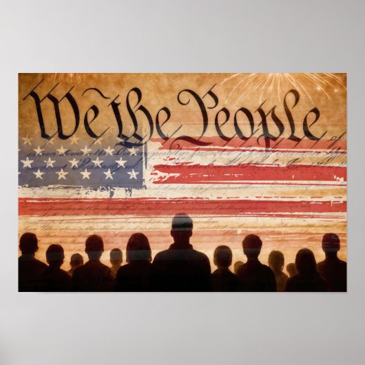 Poster Constitution des États-Unis avec drapeau et feux d (Devant)