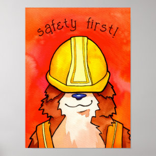 Poster Construction Corgi Aquarelle - Sécurité d'abord!