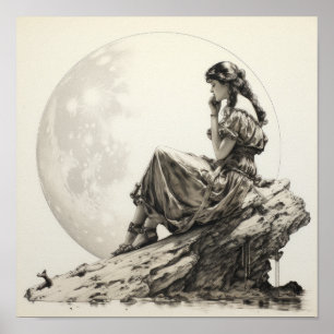 Poster Contemplations célestes : Fille sur la Lune Ponder