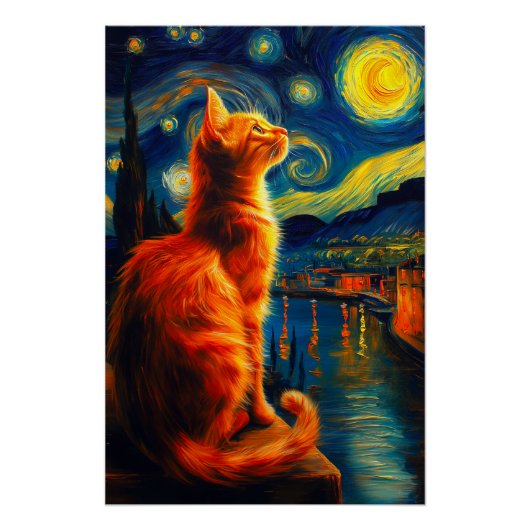 Poster Contemplative Ginger Cat | Starry Night Sky (Devant)