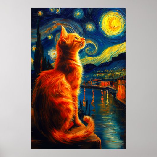 Poster Contemplative Ginger Cat | Starry Night Sky (Devant)