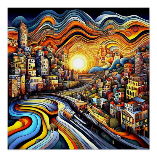Poster Conurbation au coucher du soleil 3 (Devant)