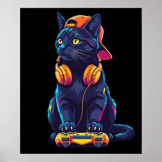 Poster Cool Black Cat Gamer Halloween (Devant)