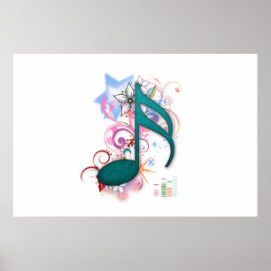 Poster Cool bleu grunge note musique étoiles fleurs tourb