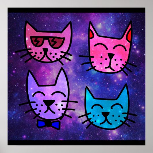 Poster Cool Cat face sur un Arrière - plan spatial (Devant)