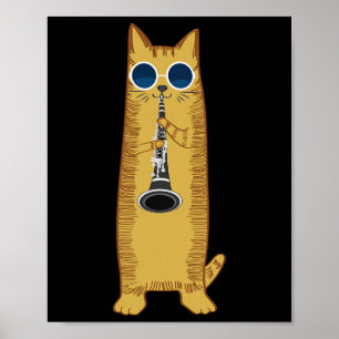 Poster Cool Cat Playing The Clarinet Design Hippy Hipster
