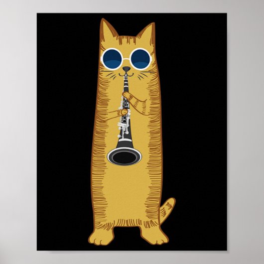 Poster Cool Cat Playing The Clarinet Design Hippy Hipster (Devant)