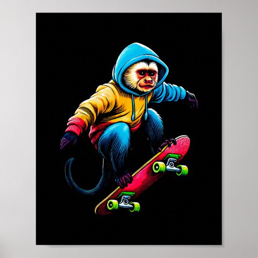 Poster Cool Funky Capuchin Monkey Skateboarding Illustrat (Devant)