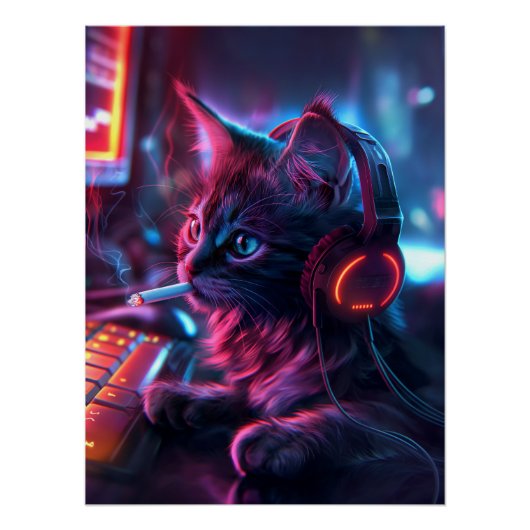 Poster Cool Gamer Chat Fumer drôle (Devant)