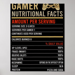 Poster Cool Gamer Faits nutritionnels Jeu vidéo Jeu amusa