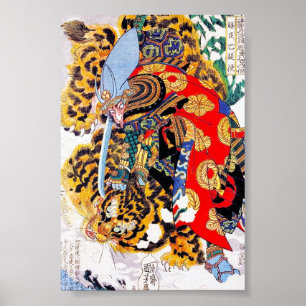 Poster Cool japonais légendaire Samurai combat tigre art