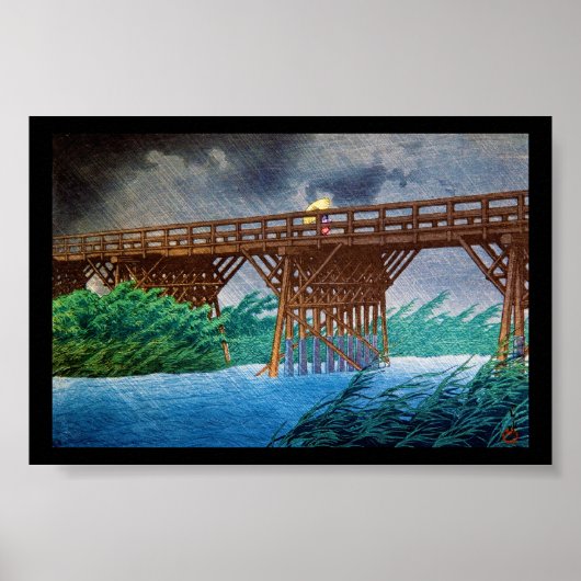 Poster Cool japonais pont de pluie rivière forêt Kawase a (Devant)