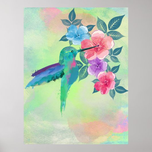 Poster Cool mignon couleurs vives aquarelles colibri flor (Devant)